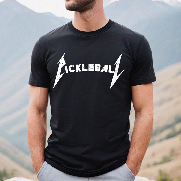 Rock the court with this t-shirt, styled in the iconic font of a legendary rock band. It's a fusion of music and sport that's bound to turn heads on and off the court. Get ready to unleash your inner pickleball rockstar! 52% Airlume combed and ring-spun cotton, 48% polyester.