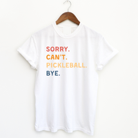 Introducing our "Sorry. Can't. Pickleball. Bye." T-shirt – your excuse for a life well-played! This super-soft and ultra-comfortable tee is designed for the pickleball enthusiasts who want to carry their love for the game wherever they roam. Perfect for making a statement and staying cozy, it's a must-have addition to your wardrobe. Let this t-shirt do the talking, and let everyone know you're off to conquer the courts!