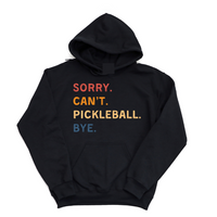 Introducing our "Sorry. Can't. Pickleball. Bye." Hoodie – your excuse for a life well-played! This super-soft and ultra-comfortable hoodie is designed for the pickleball enthusiasts who want to carry their love for the game wherever they roam. Perfect for making a statement and staying cozy, it's a must-have addition to your wardrobe. Let your hoodie do the talking, and let everyone know you're off to conquer the courts!