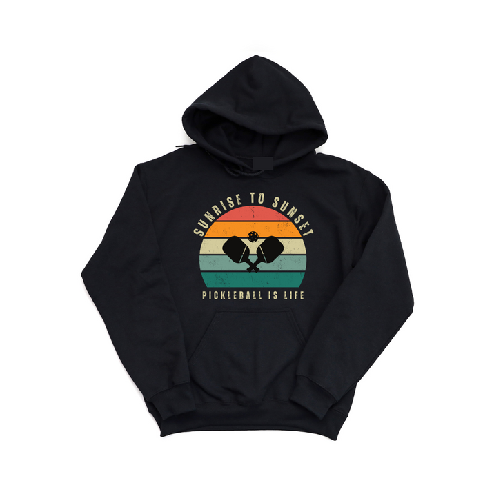 Introducing our Sunrise To Sunset Hoodie – where comfort meets passion! If you're like us pickleball IS life!!  We love the game and community so much we think about pickleball from sunrise to sunset and if we could play that often we would love it!